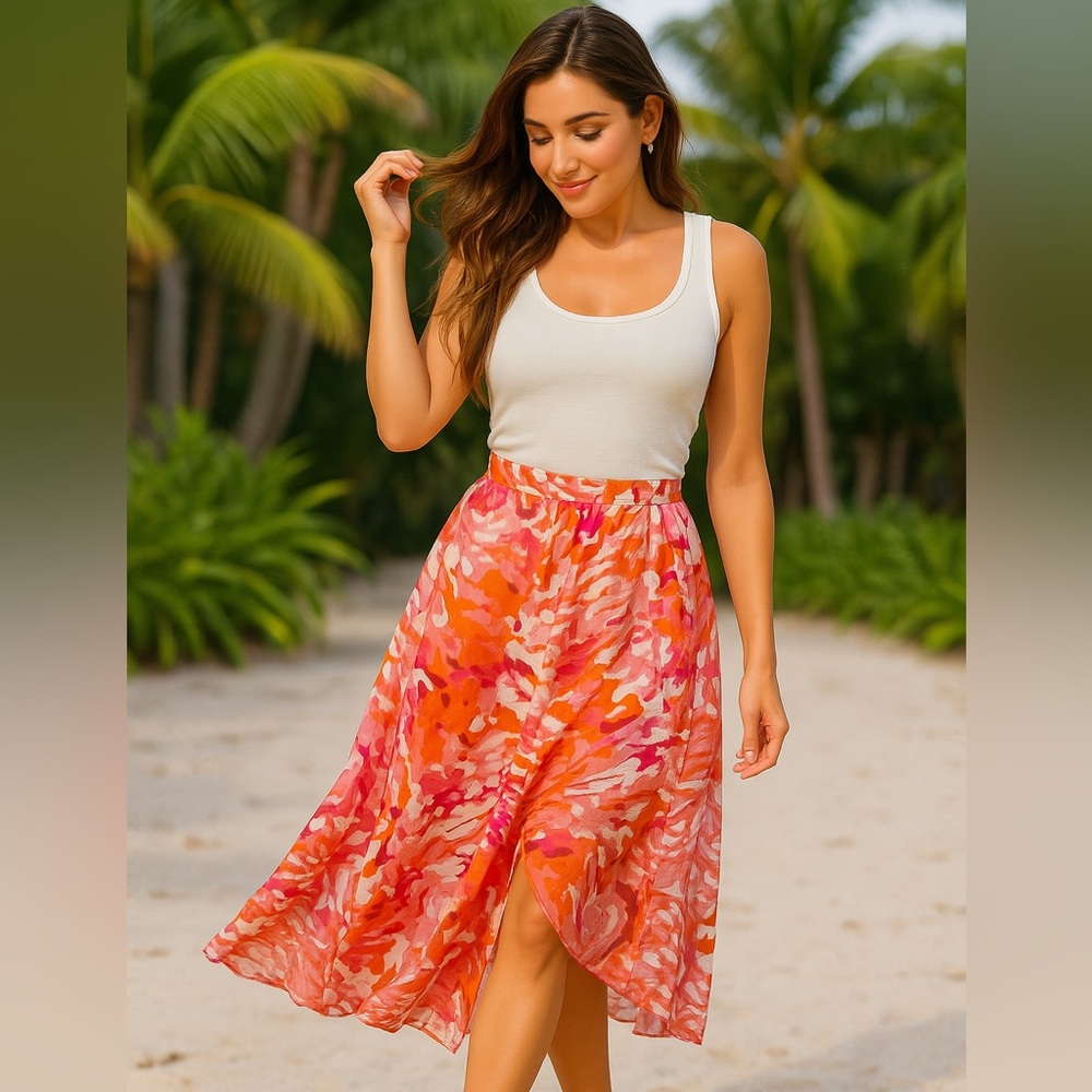 Coldwater Creek Orange High-Low Midi Skirt Resort Wear